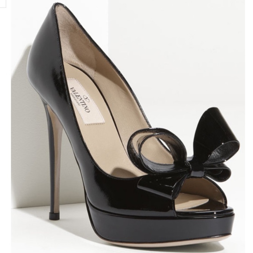 Valentino black patent leather platform bow pumps